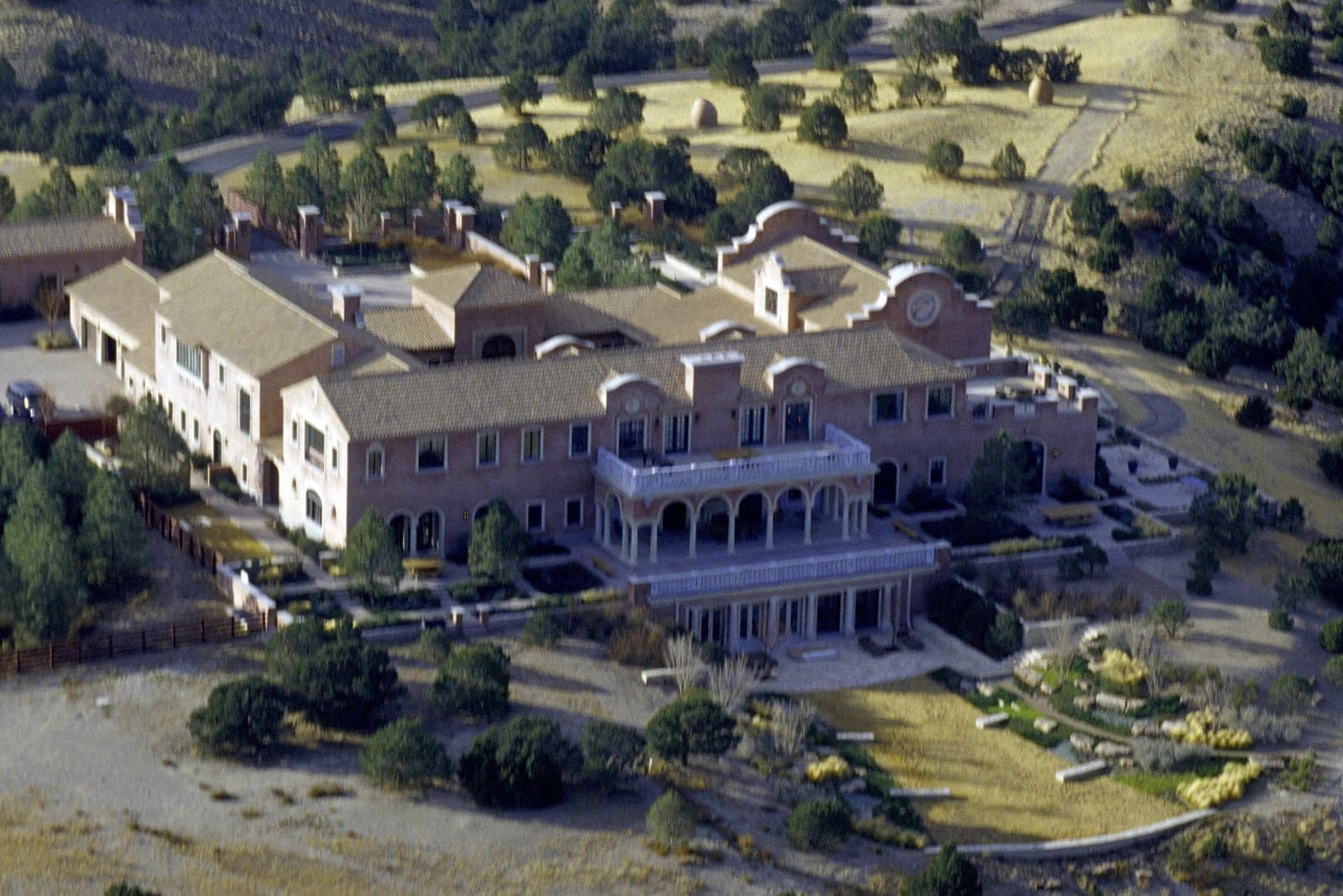 Aerial view of the Zorro Ranch mansion and surrounding desert, New Mexico, from the DOJ Epstein release. No people visible per file description.