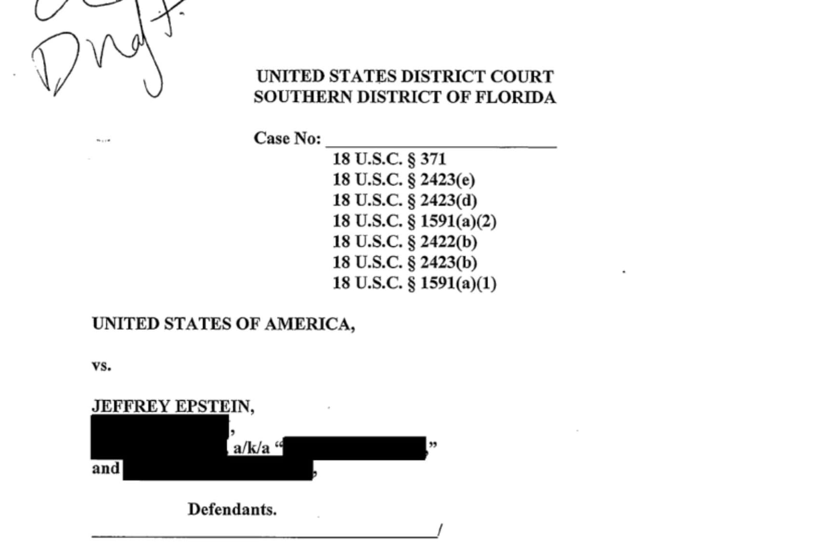Page 1 of the never-filed draft federal indictment of Jeffrey Epstein, Southern District of Florida, 2007.