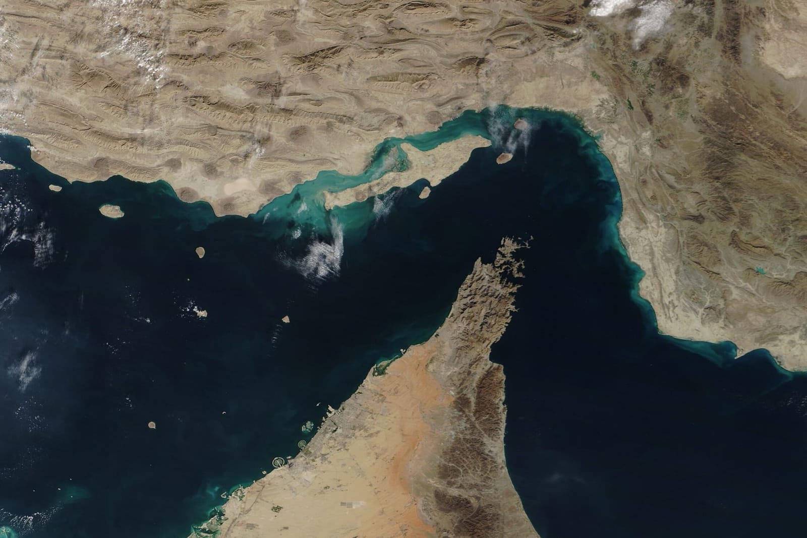 Satellite view of the Strait of Hormuz between Iran and the Musandam Peninsula (Oman/UAE), Dec. 2020
