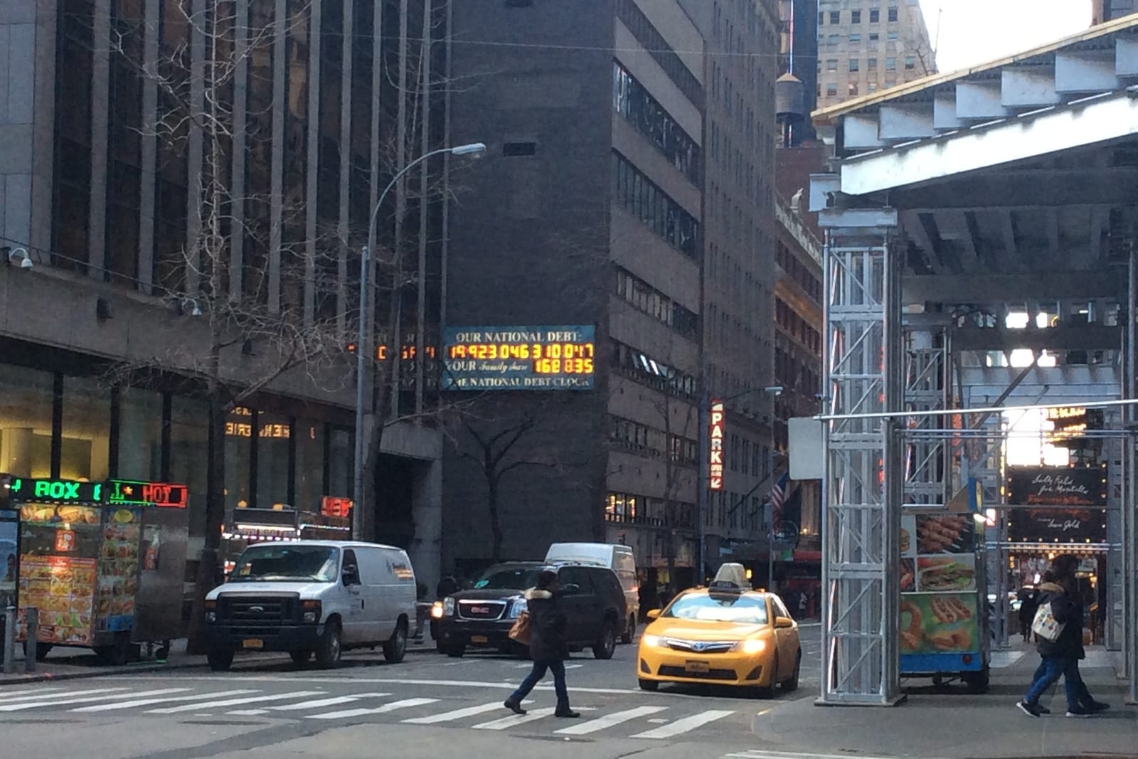 The National Debt Clock on Sixth Avenue at 44th Street, Manhattan, February 2017.