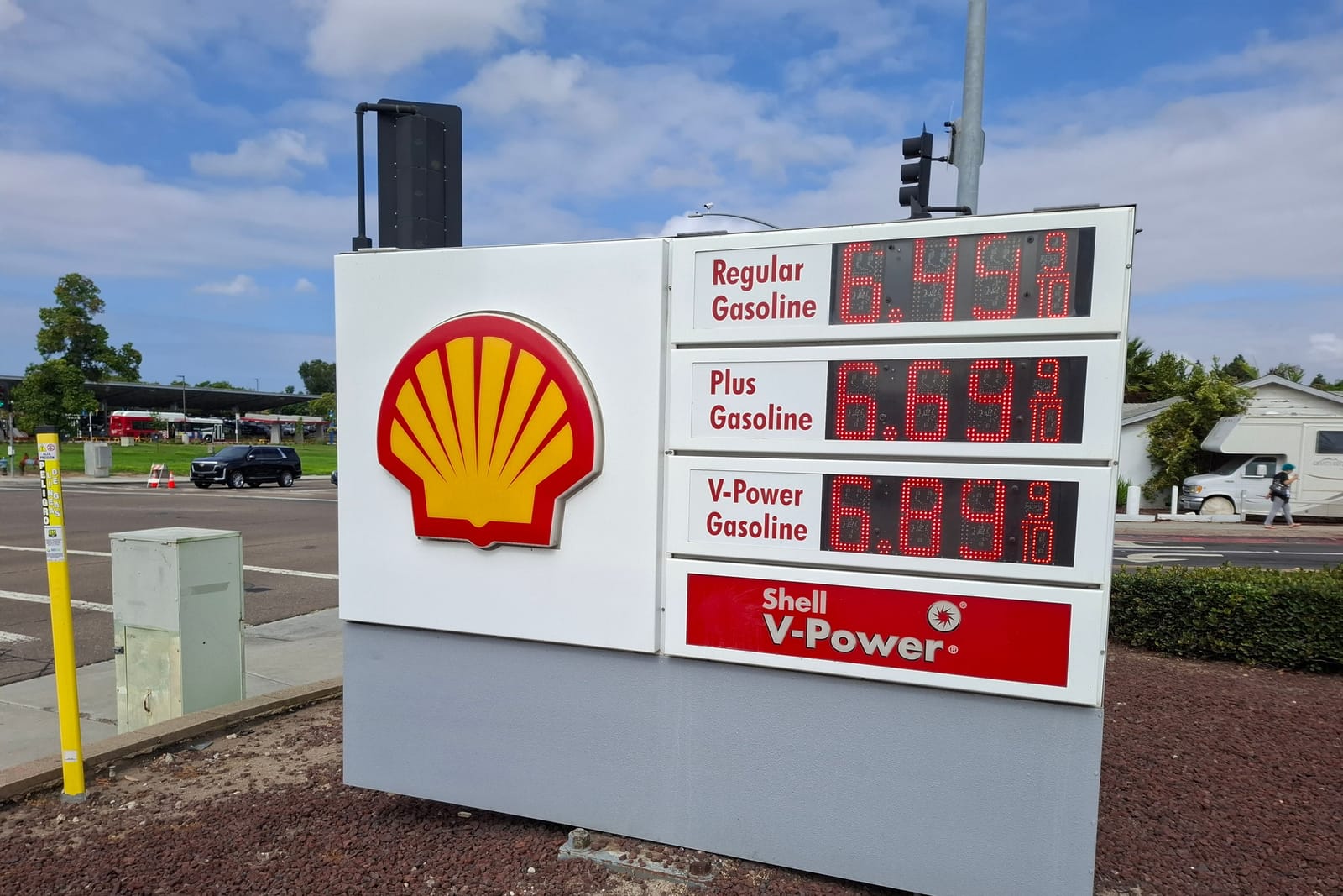 Gas station price board in Chula Vista, California.