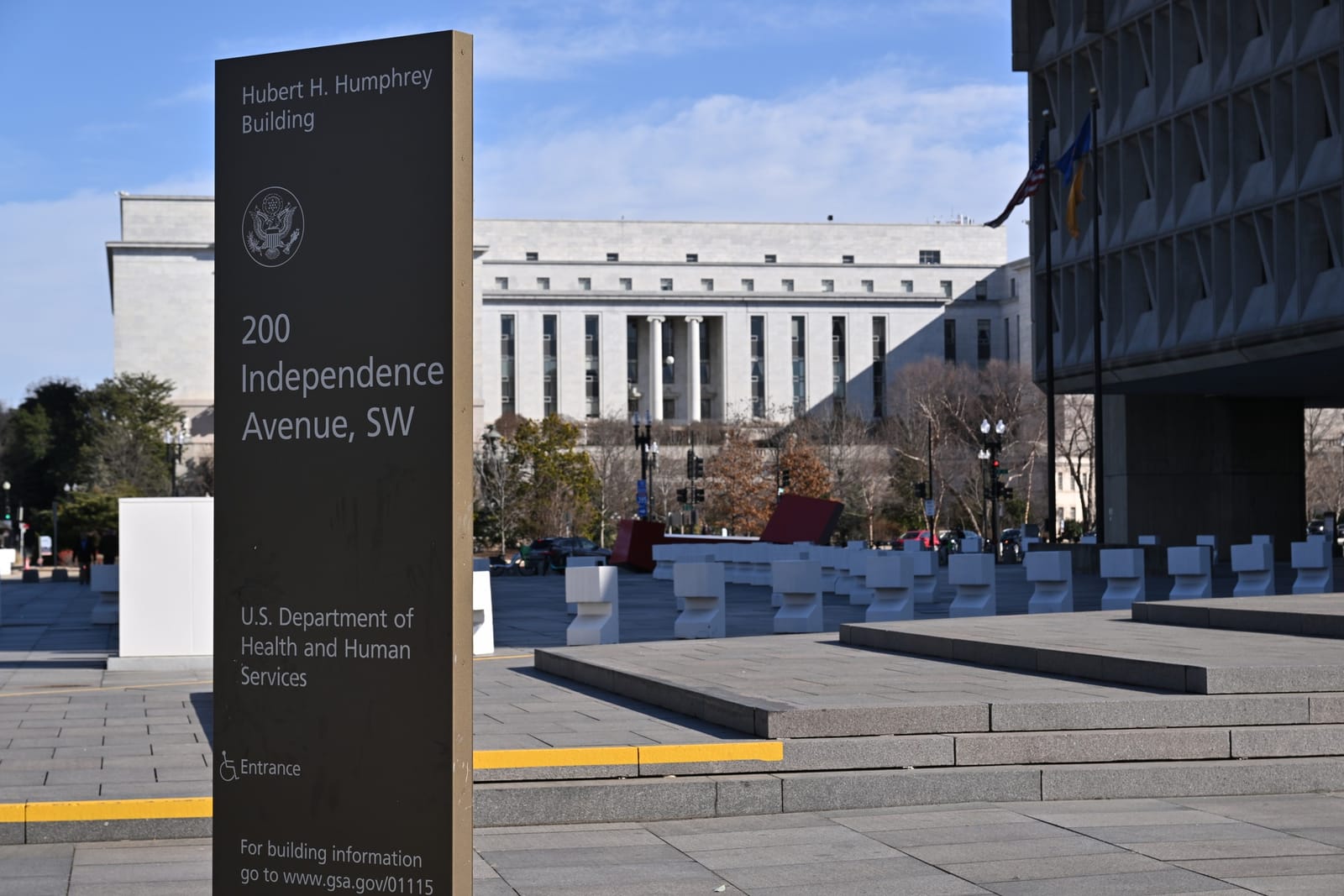 The U.S. Department of Health and Human Services sign outside the front of the Hubert H. Humphrey Building, Washington, D.C.