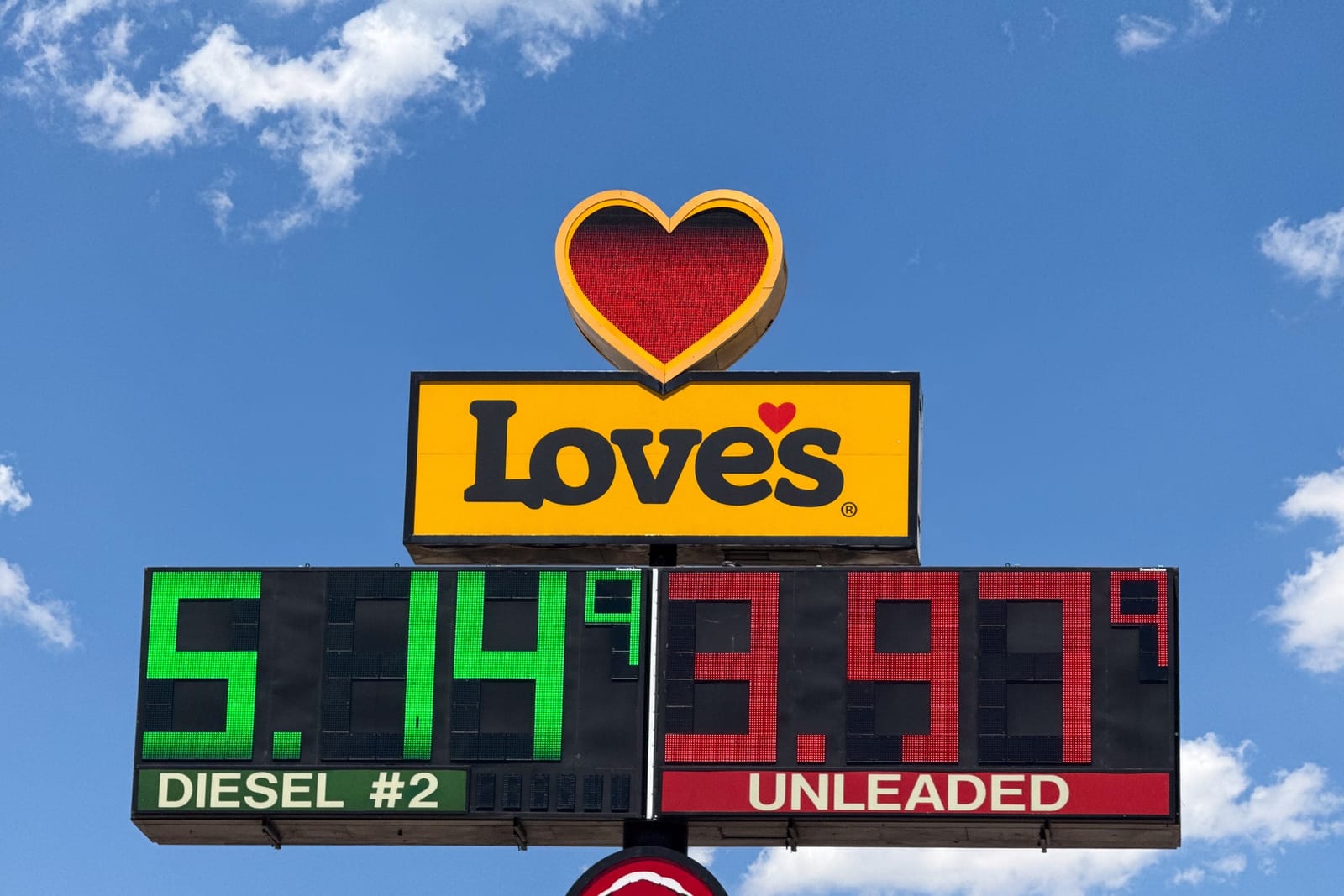 A Love's truck stop in Cheyenne, Wyoming, displaying gas and diesel prices, 20 July 2026.