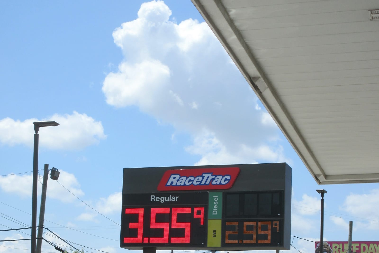 A RaceTrac fuel price board on Jefferson Highway, Louisiana, photographed Aug. 28, 2026 (Commons category: gasoline price displays during the 2026 Iran war).