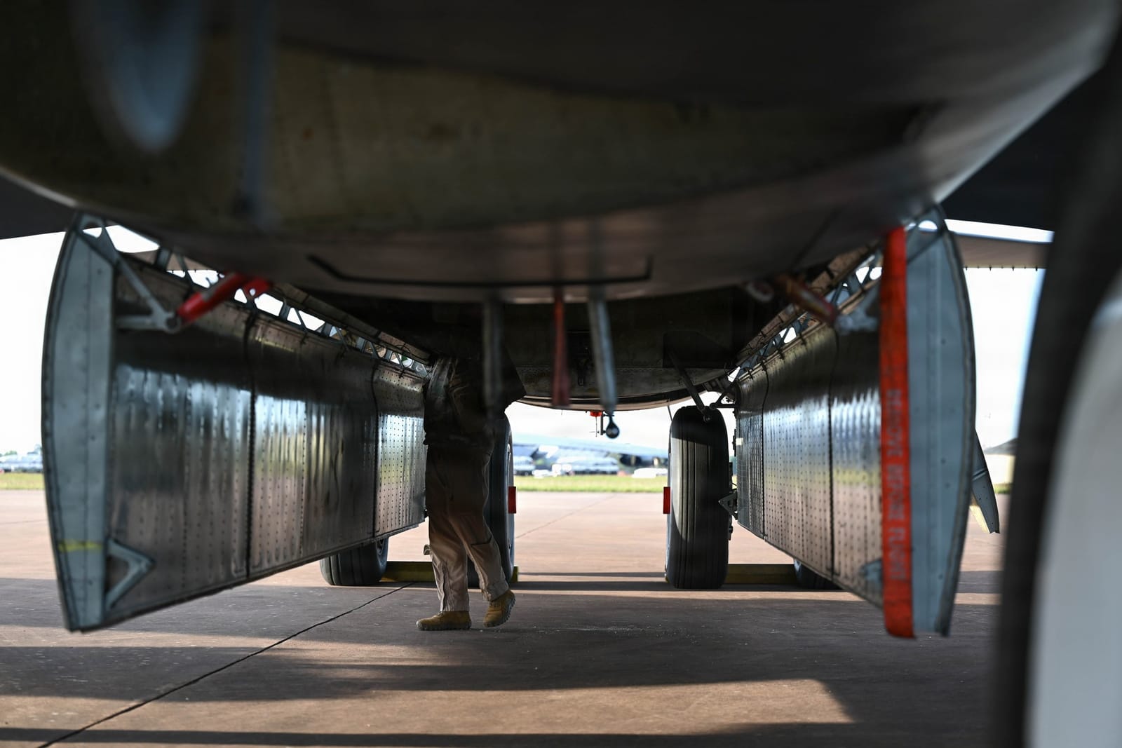 An Airman pre-flights a B-52 Stratofortress at RAF Fairford before a sortie in support of Operation Epic Fury, 24-25 April 2026.