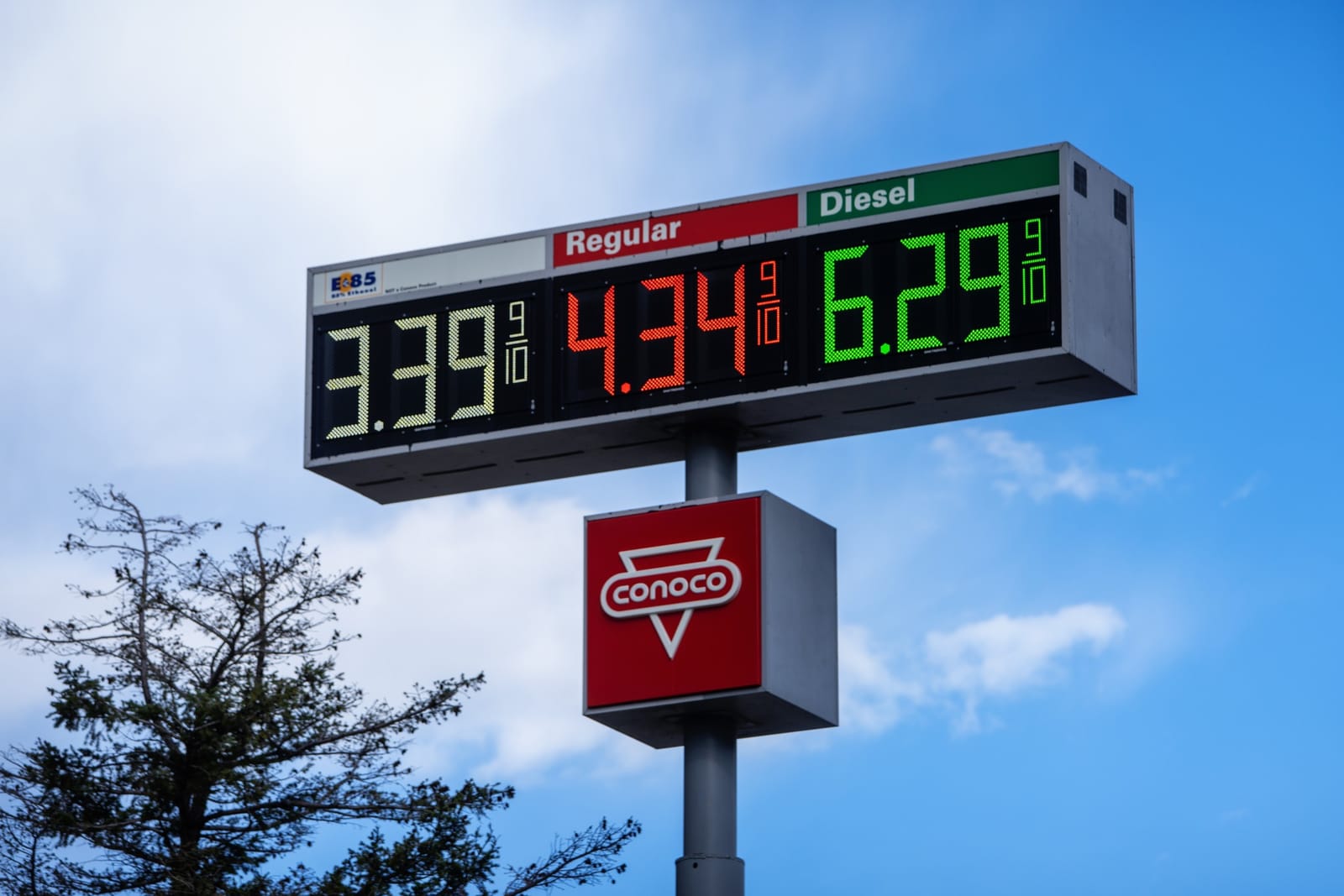 Gas station price sign at a Conoco in Idaho Springs, Colorado, showing diesel at $6.29 a gallon.
