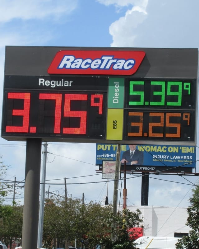 Electronic price sign at a RaceTrac gas station in Old Jefferson, Louisiana, showing regular gas at $3.75, diesel at $5.39 and E85 at $3.25 a gallon.