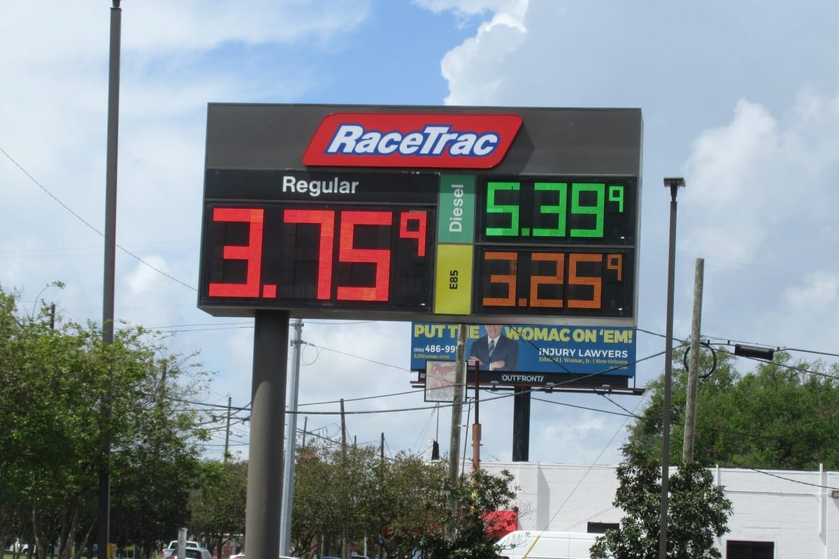 Electronic price sign at a RaceTrac gas station in Old Jefferson, Louisiana, showing regular gas at $3.75, diesel at $5.39 and E85 at $3.25 a gallon.